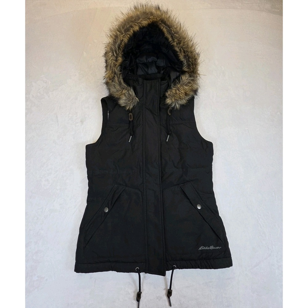 Eddie Bauer Black Hooded Vest Womens XS 650 Down Filled Faux Fur Lined Full Zip